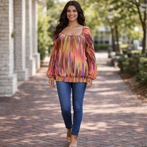 Angie Boho Peasant Blouse XL Sheer Colorful Ikat Off Shoulder Flowy Top Festival